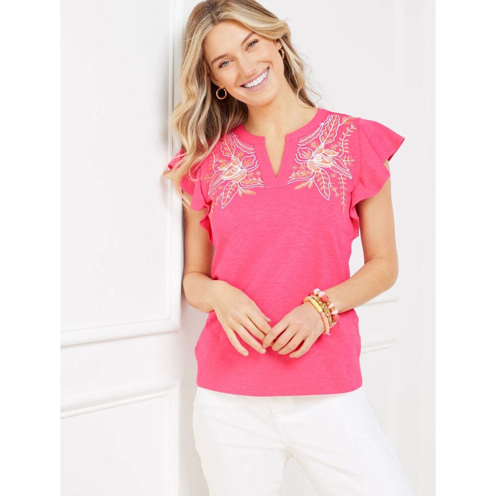 Talbots coral pink embroidered flutter sleeve peasant top blouse woman's LP